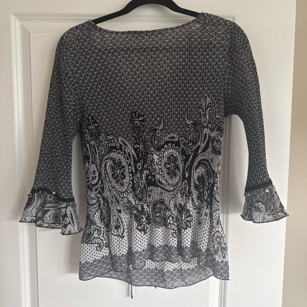 Vintage Notations Black and White Paisley Tie Neck Sequin Tunic Blouse - Picture 2 of 5